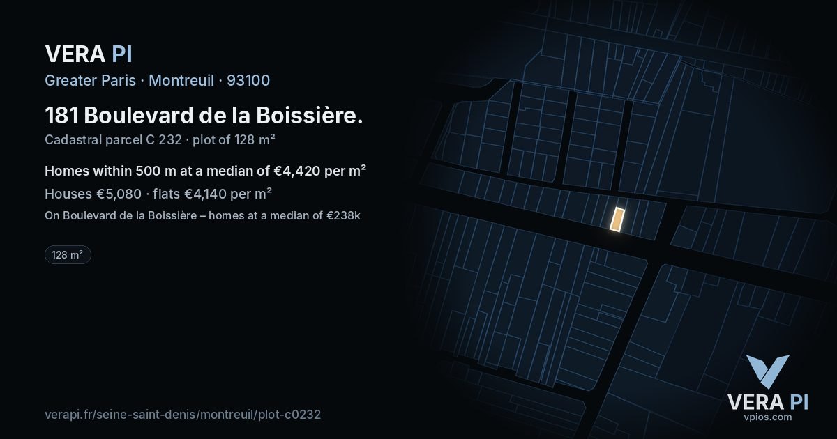 181 Boulevard de la Boissière, Montreuil at night – the plot lit, the parcels around coloured by the prices near them