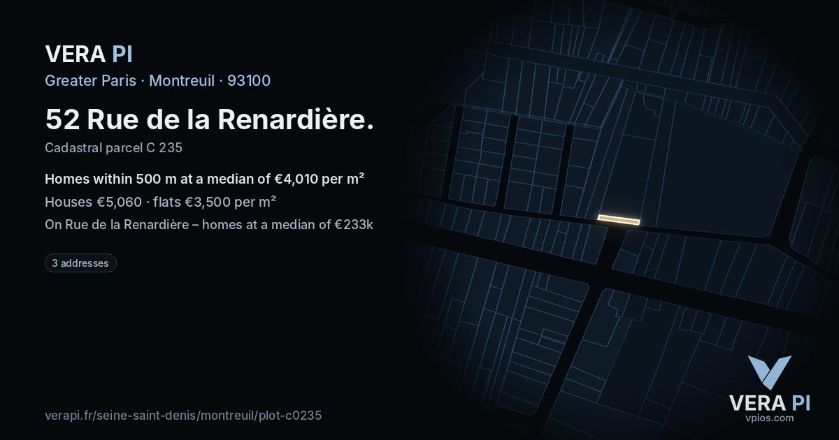 52 Rue de la Renardière, Montreuil at night – the plot lit, the parcels around coloured by the prices near them