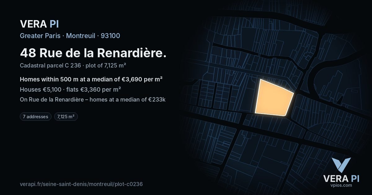 48 Rue de la Renardière, Montreuil at night – the plot lit, the parcels around coloured by the prices near them
