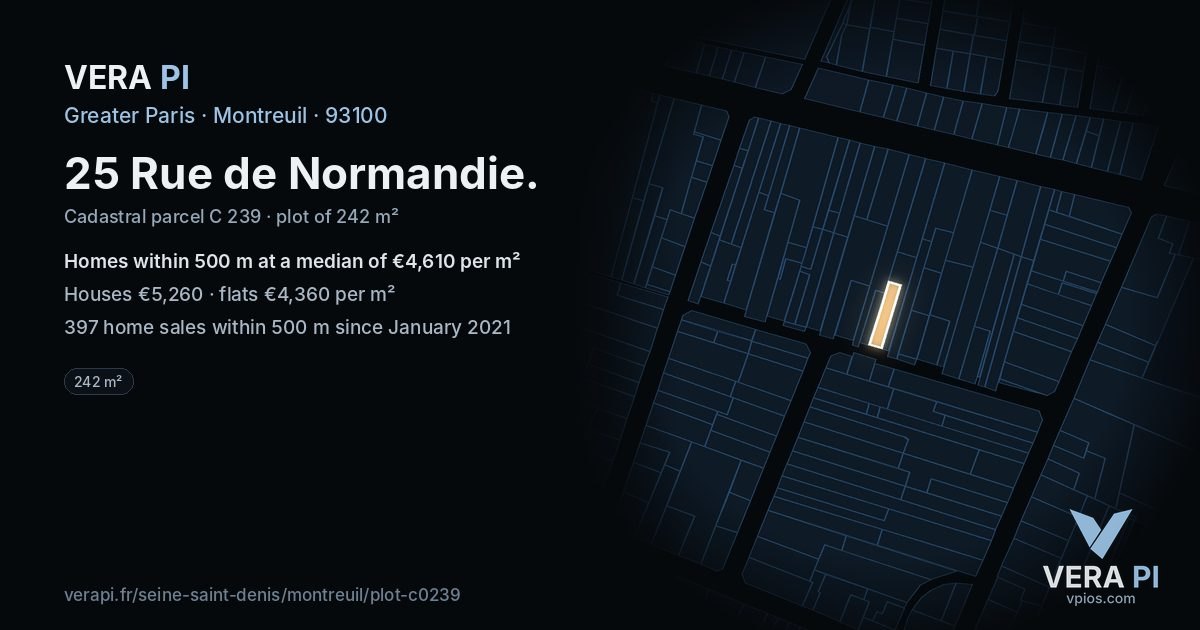 25 Rue de Normandie, Montreuil at night – the plot lit, the parcels around coloured by the prices near them