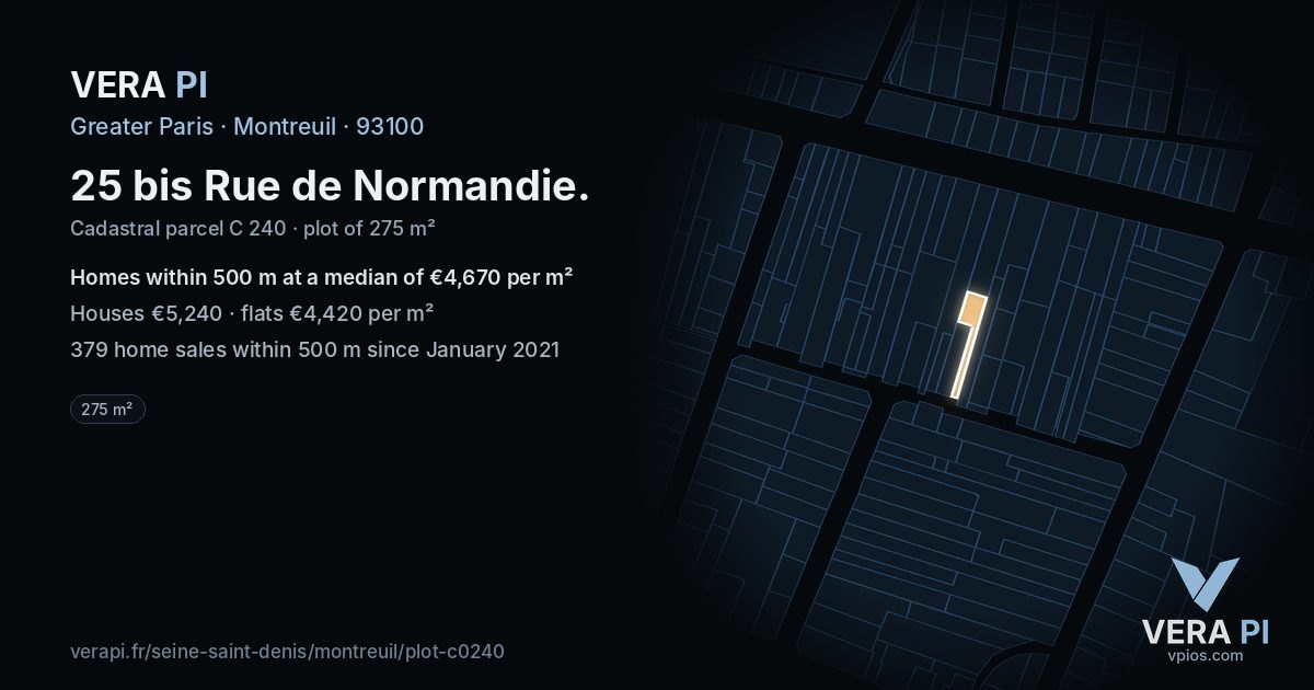 25 bis Rue de Normandie, Montreuil at night – the plot lit, the parcels around coloured by the prices near them