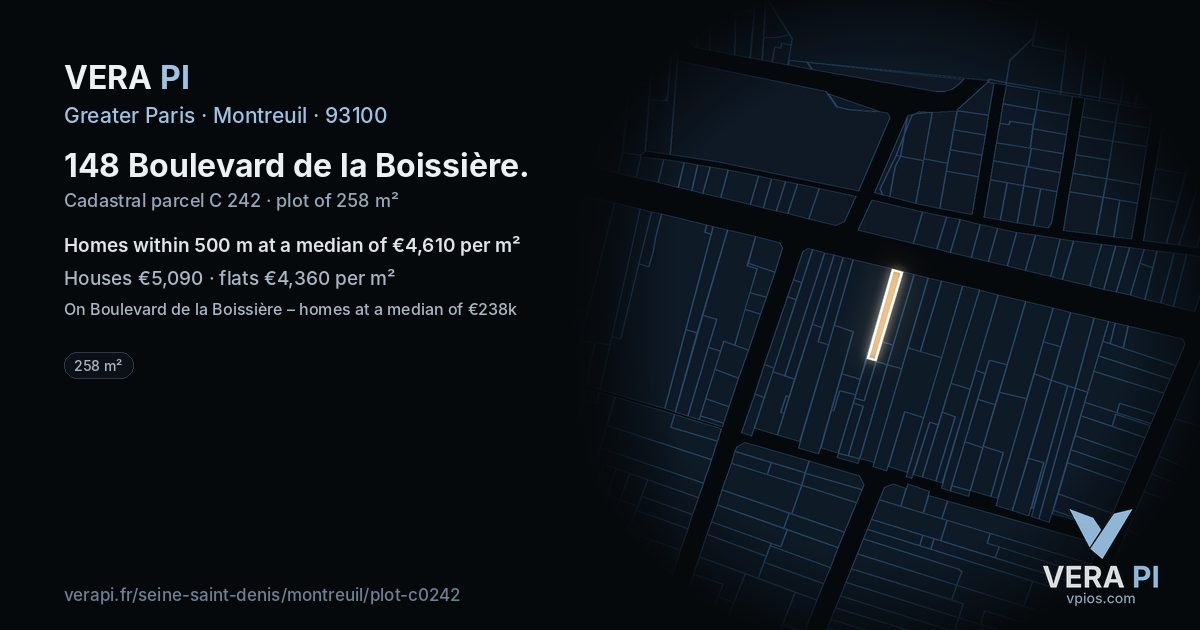 148 Boulevard de la Boissière, Montreuil at night – the plot lit, the parcels around coloured by the prices near them