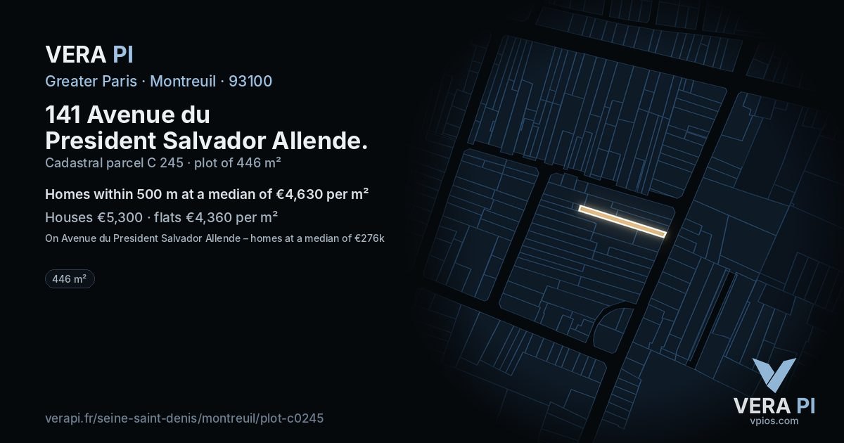 141 Avenue du President Salvador Allende, Montreuil at night – the plot lit, the parcels around coloured by the prices near them
