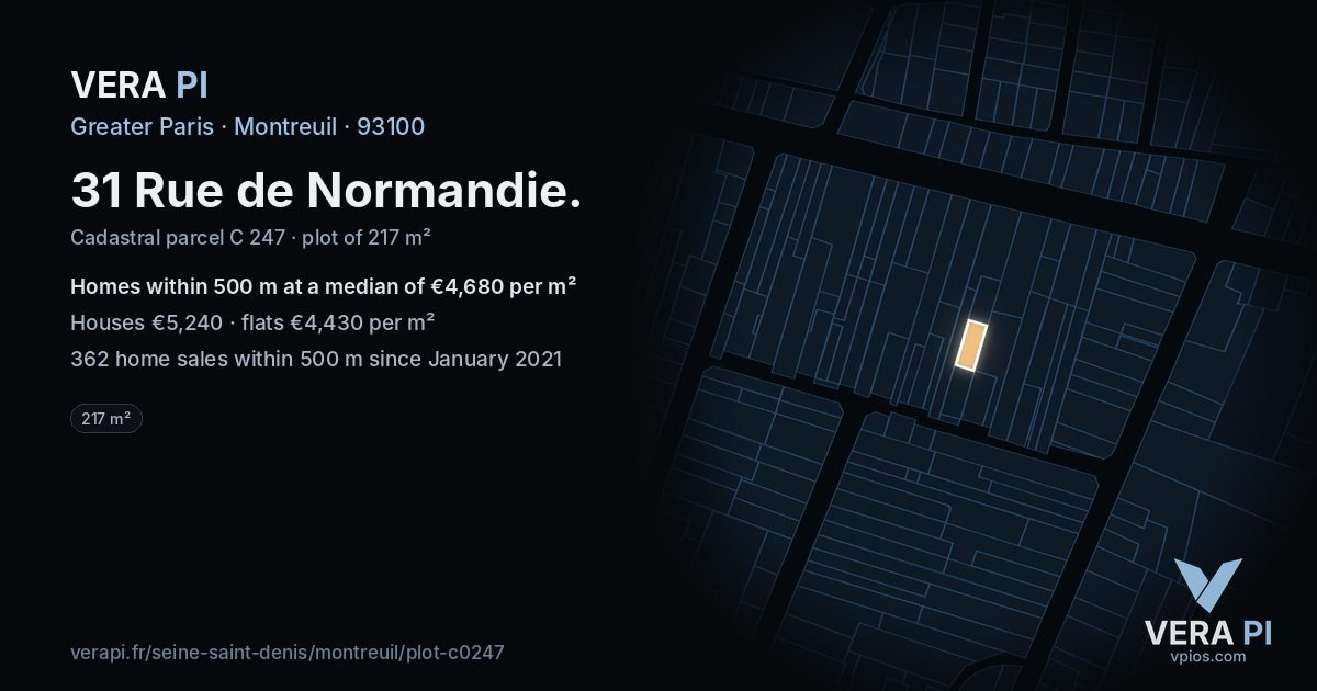 31 Rue de Normandie, Montreuil at night – the plot lit, the parcels around coloured by the prices near them