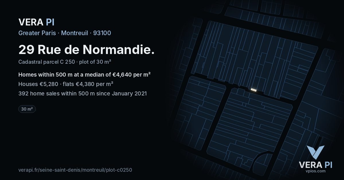 29 Rue de Normandie, Montreuil at night – the plot lit, the parcels around coloured by the prices near them