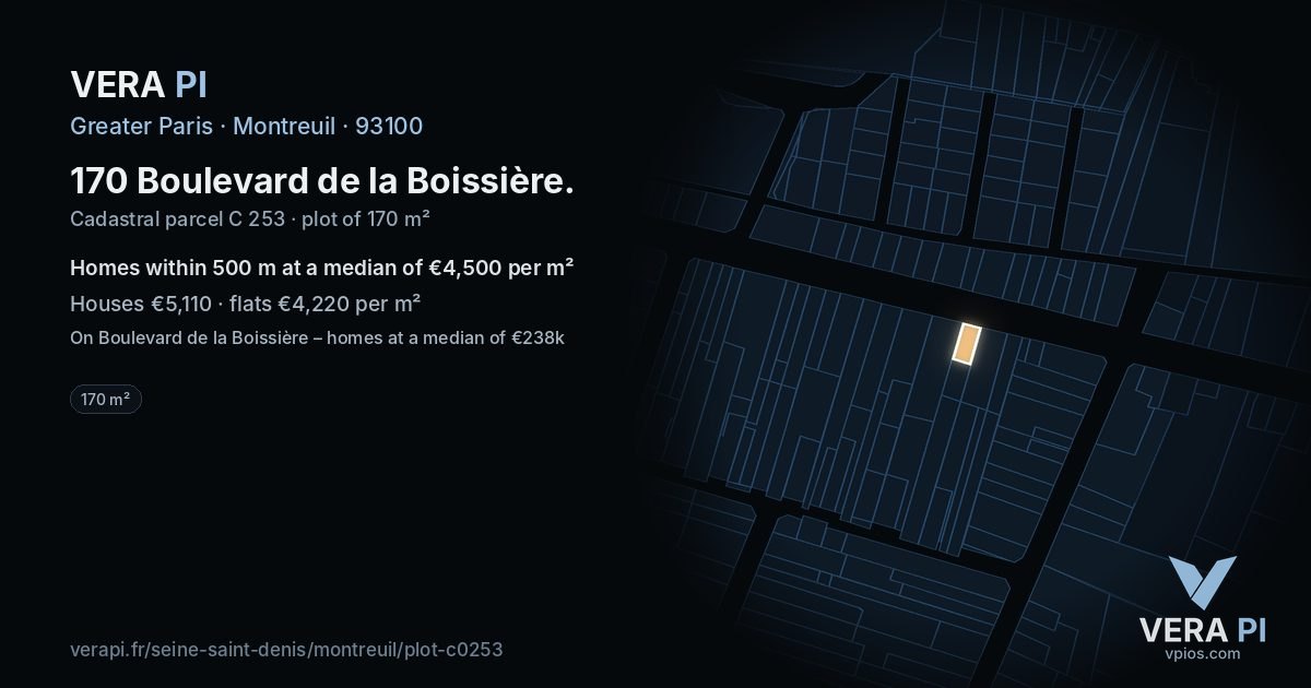 170 Boulevard de la Boissière, Montreuil at night – the plot lit, the parcels around coloured by the prices near them