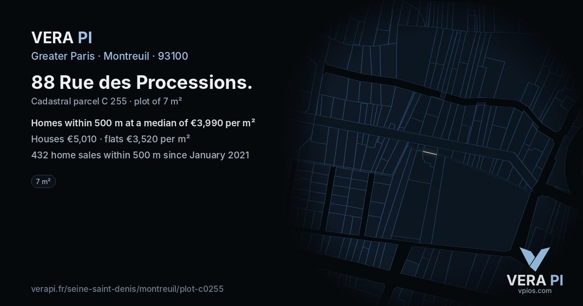 88 Rue des Processions, Montreuil at night – the plot lit, the parcels around coloured by the prices near them