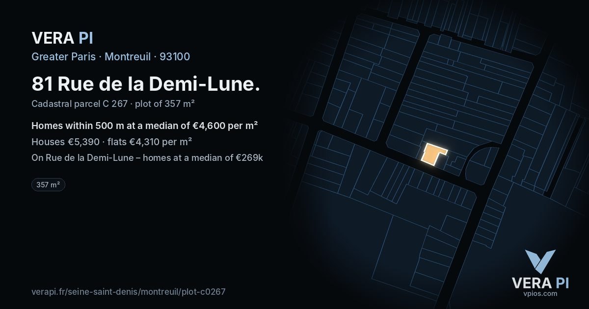 81 Rue de la Demi-Lune, Montreuil at night – the plot lit, the parcels around coloured by the prices near them
