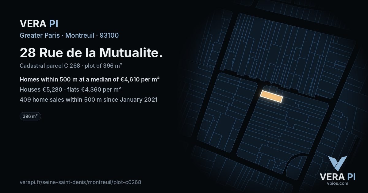 28 Rue de la Mutualite, Montreuil at night – the plot lit, the parcels around coloured by the prices near them