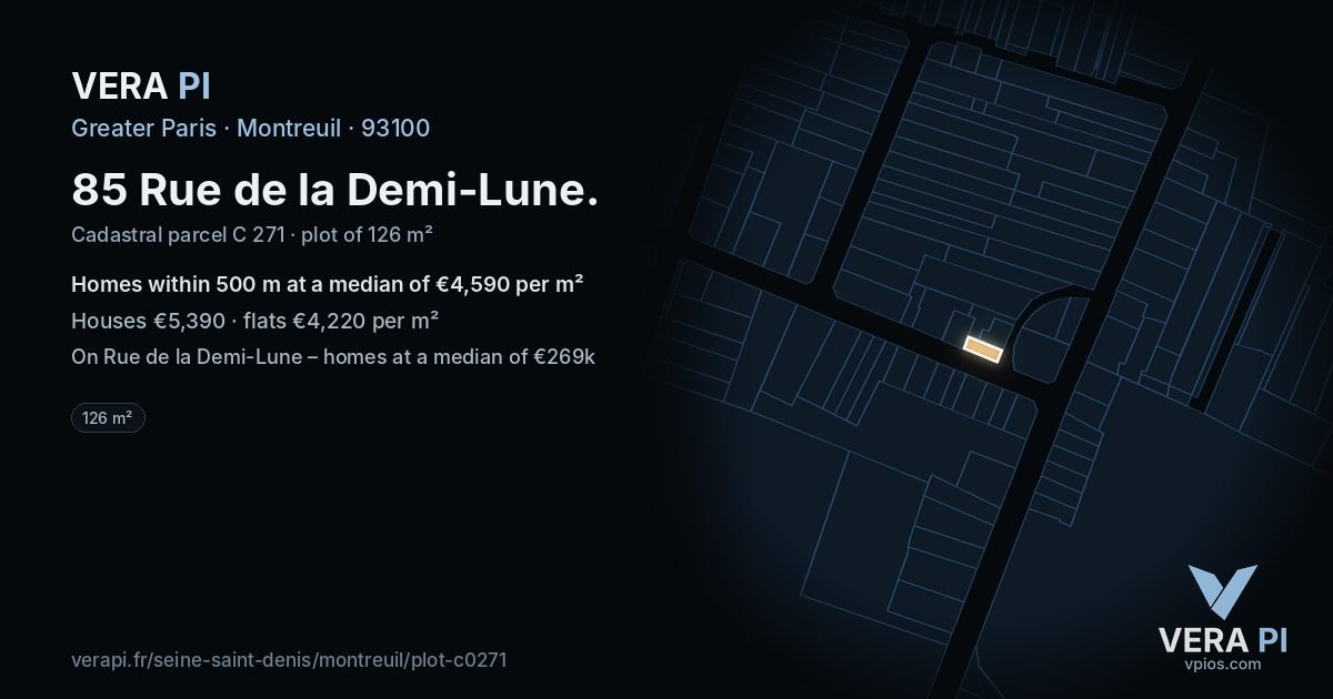 85 Rue de la Demi-Lune, Montreuil at night – the plot lit, the parcels around coloured by the prices near them