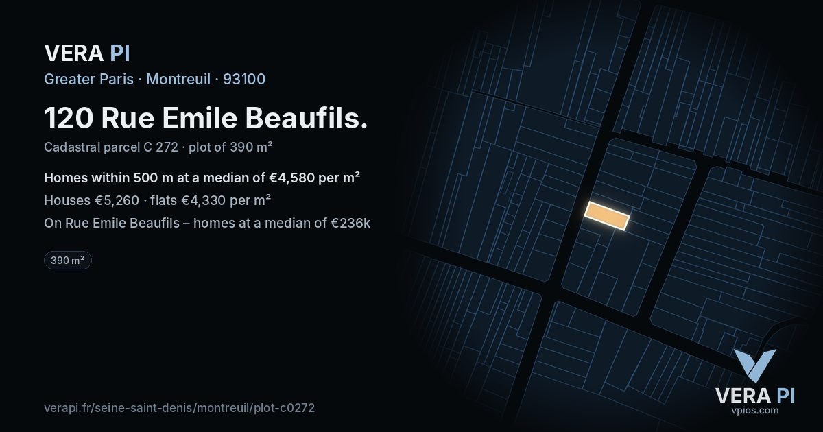 120 Rue Emile Beaufils, Montreuil at night – the plot lit, the parcels around coloured by the prices near them