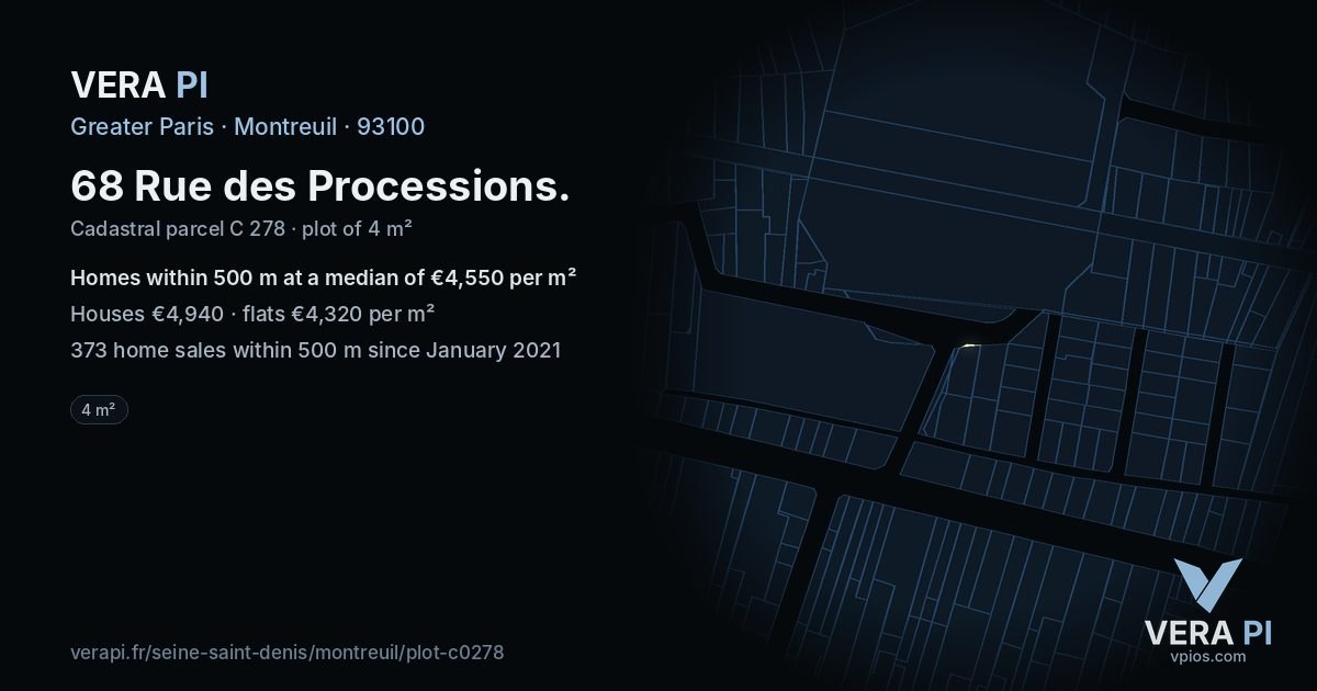 68 Rue des Processions, Montreuil at night – the plot lit, the parcels around coloured by the prices near them