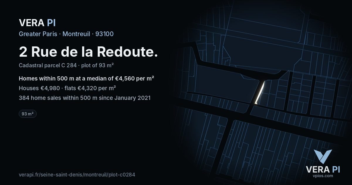 2 Rue de la Redoute, Montreuil at night – the plot lit, the parcels around coloured by the prices near them