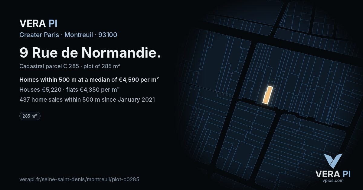 9 Rue de Normandie, Montreuil at night – the plot lit, the parcels around coloured by the prices near them
