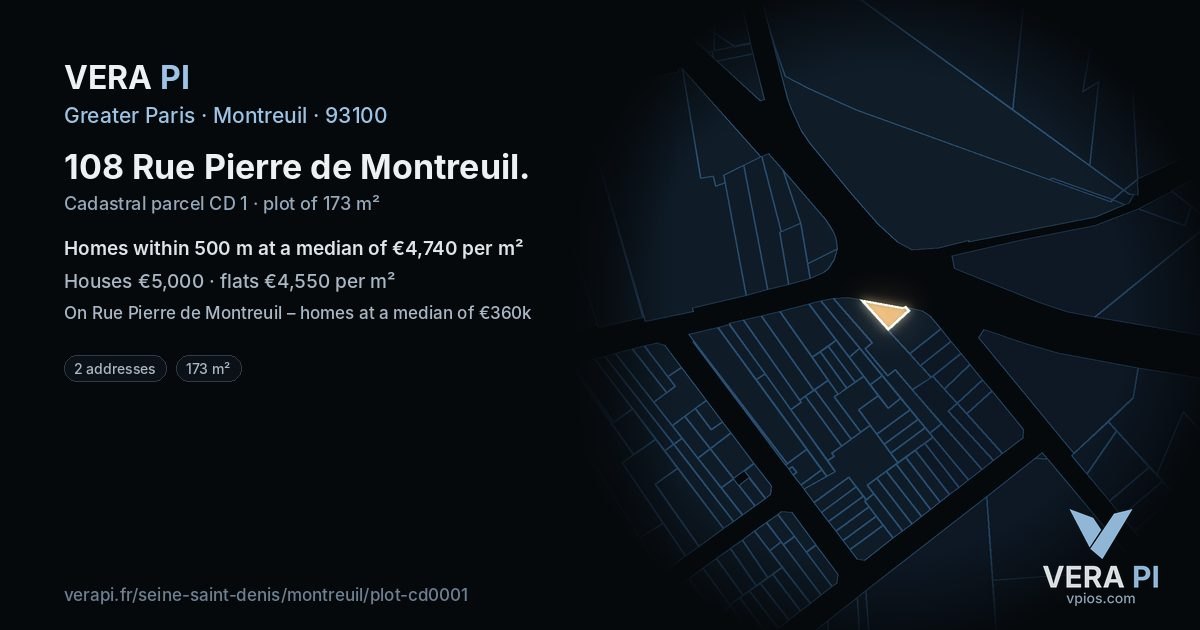 108 Rue Pierre de Montreuil, Montreuil at night – the plot lit, the parcels around coloured by the prices near them