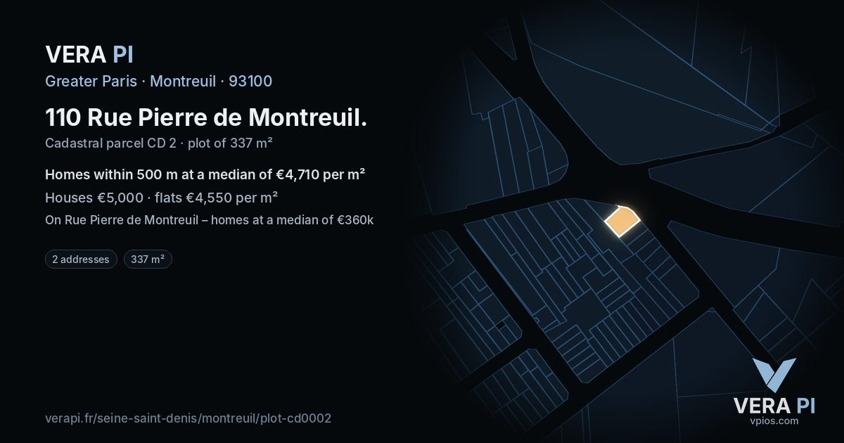 110 Rue Pierre de Montreuil, Montreuil at night – the plot lit, the parcels around coloured by the prices near them