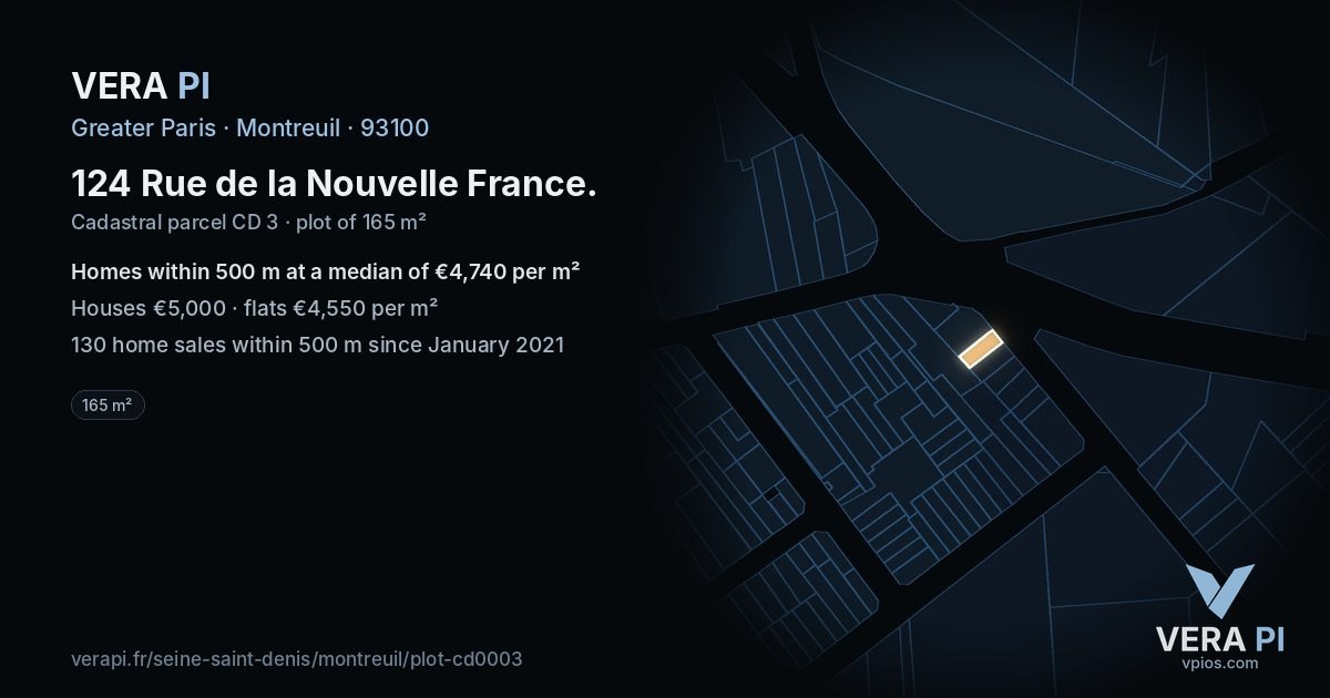 124 Rue de la Nouvelle France, Montreuil at night – the plot lit, the parcels around coloured by the prices near them
