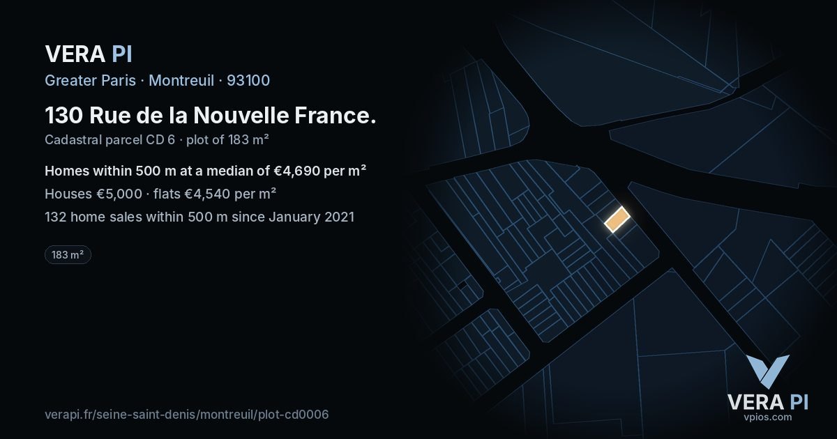 130 Rue de la Nouvelle France, Montreuil at night – the plot lit, the parcels around coloured by the prices near them