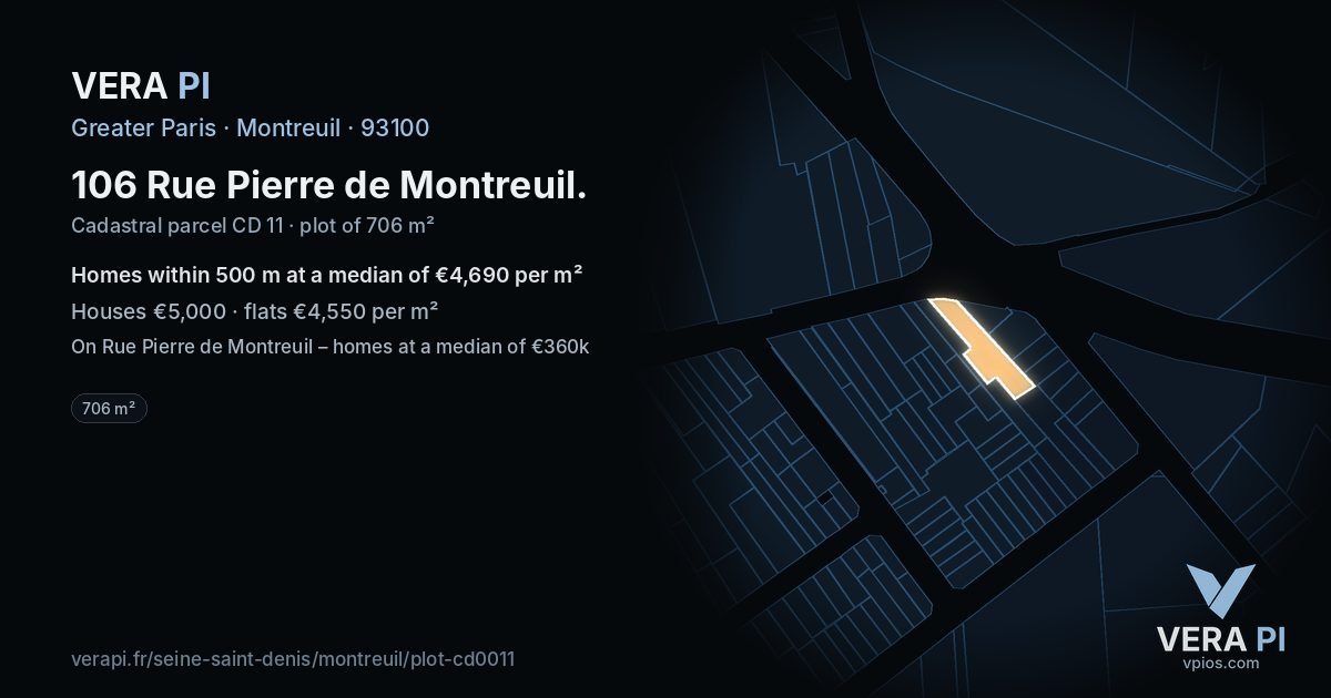 106 Rue Pierre de Montreuil, Montreuil at night – the plot lit, the parcels around coloured by the prices near them