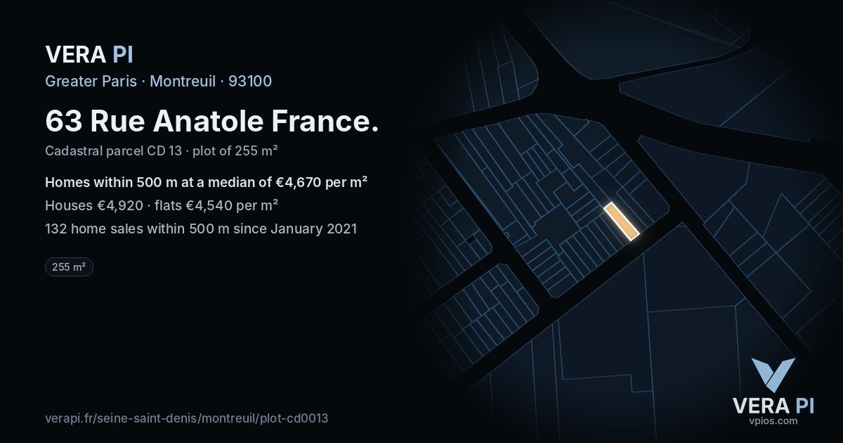 63 Rue Anatole France, Montreuil at night – the plot lit, the parcels around coloured by the prices near them