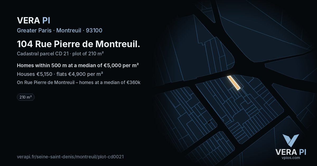 104 Rue Pierre de Montreuil, Montreuil at night – the plot lit, the parcels around coloured by the prices near them