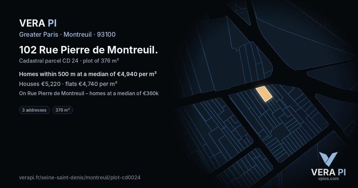 102 Rue Pierre de Montreuil, Montreuil at night – the plot lit, the parcels around coloured by the prices near them