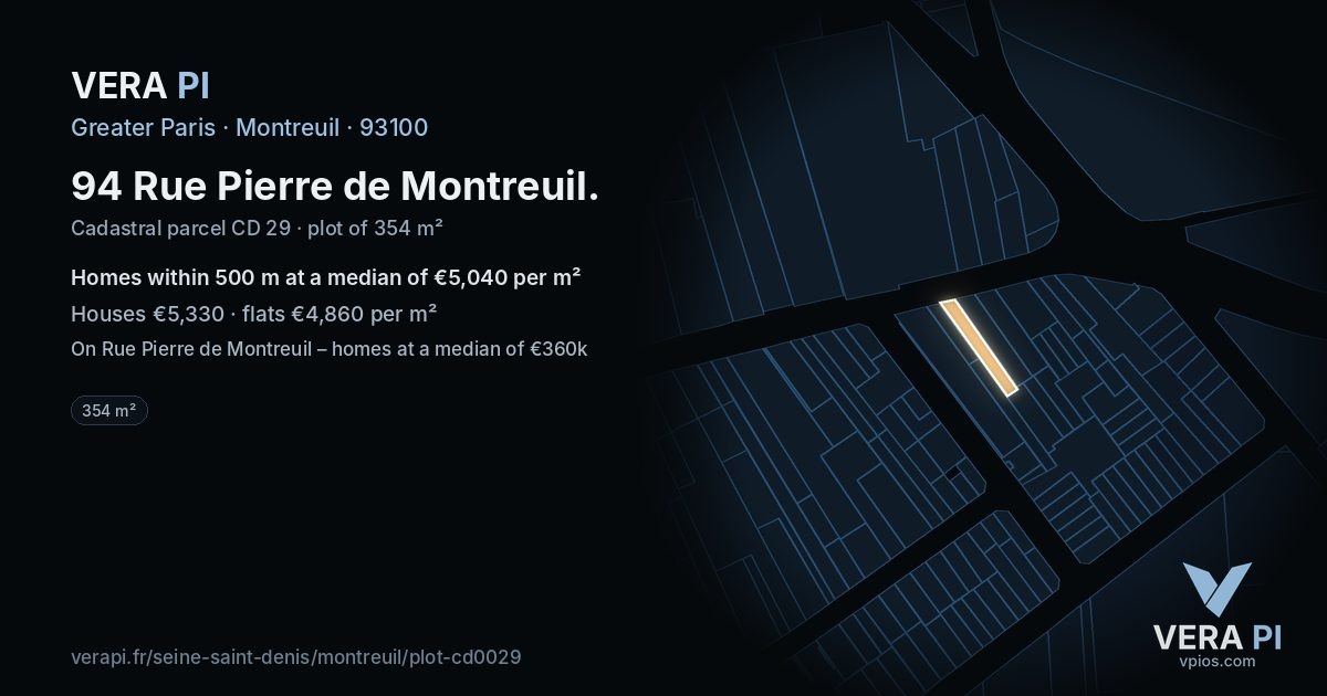 94 Rue Pierre de Montreuil, Montreuil at night – the plot lit, the parcels around coloured by the prices near them