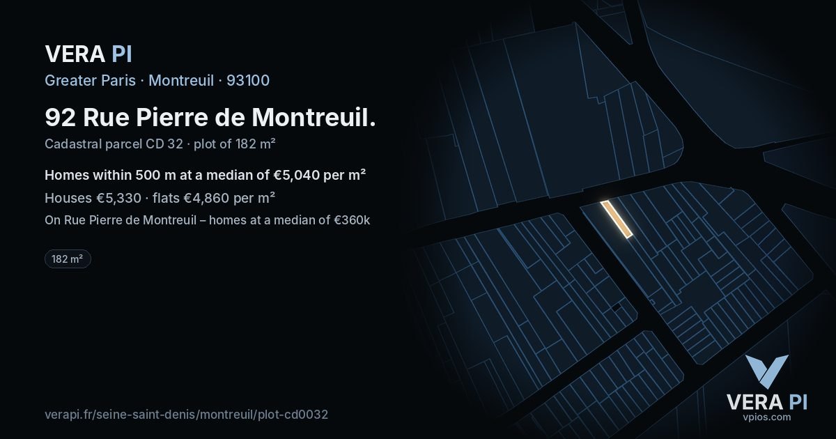 92 Rue Pierre de Montreuil, Montreuil at night – the plot lit, the parcels around coloured by the prices near them