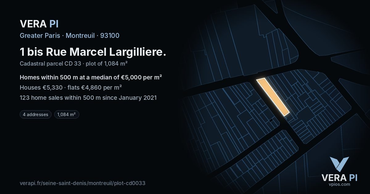 1 bis Rue Marcel Largilliere, Montreuil at night – the plot lit, the parcels around coloured by the prices near them