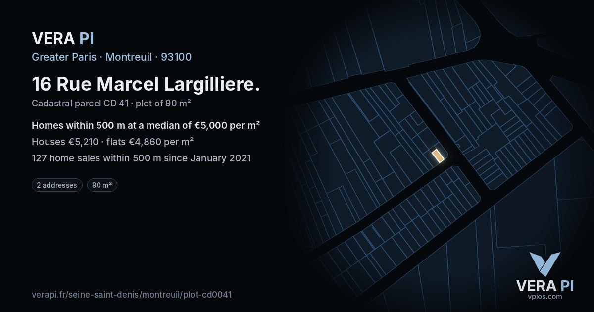 16 Rue Marcel Largilliere, Montreuil at night – the plot lit, the parcels around coloured by the prices near them