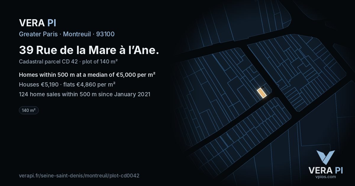 39 Rue de la Mare à l’Ane, Montreuil at night – the plot lit, the parcels around coloured by the prices near them