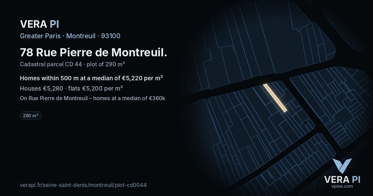 78 Rue Pierre de Montreuil, Montreuil at night – the plot lit, the parcels around coloured by the prices near them