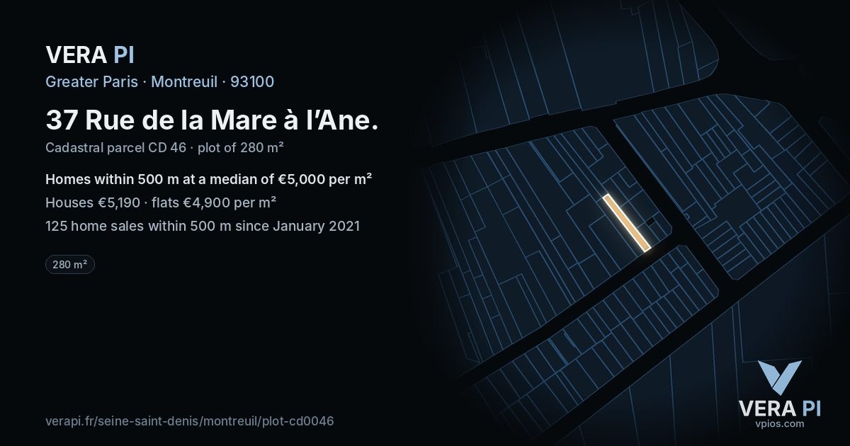 37 Rue de la Mare à l’Ane, Montreuil at night – the plot lit, the parcels around coloured by the prices near them