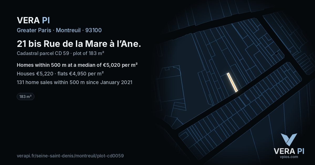 21 bis Rue de la Mare à l’Ane, Montreuil at night – the plot lit, the parcels around coloured by the prices near them