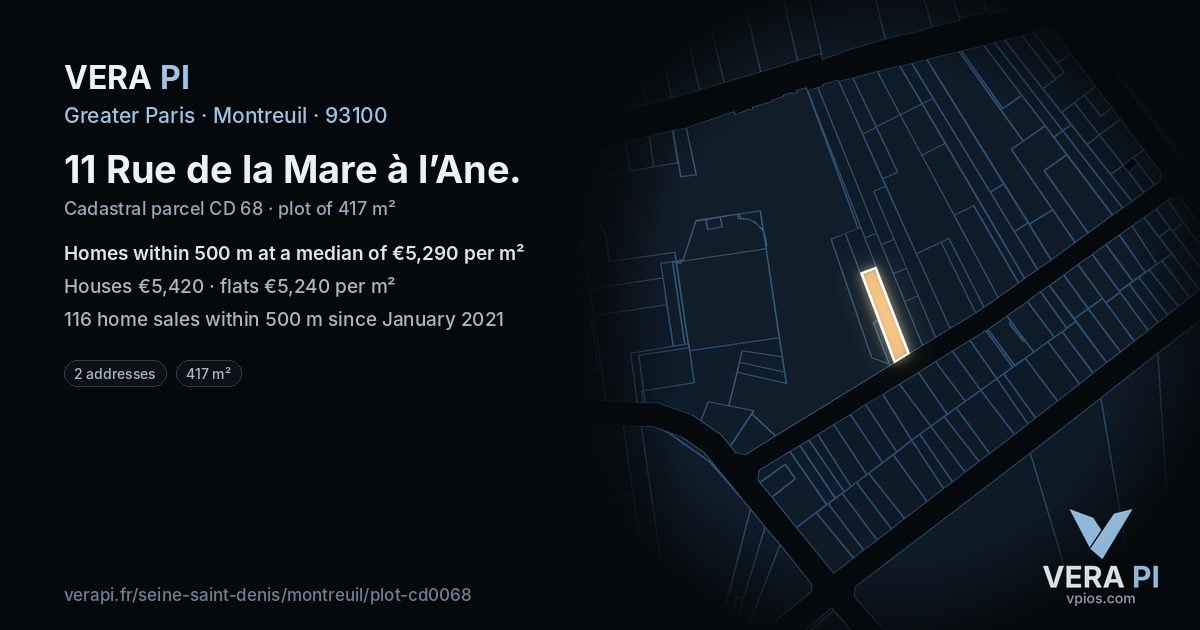 11 Rue de la Mare à l’Ane, Montreuil at night – the plot lit, the parcels around coloured by the prices near them