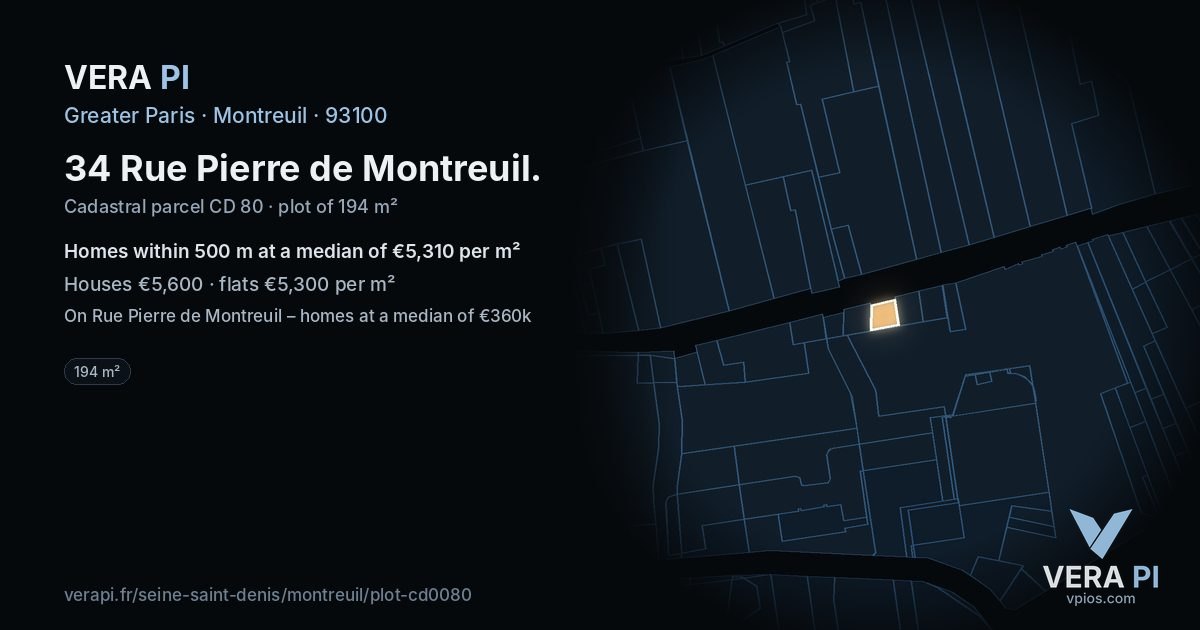 34 Rue Pierre de Montreuil, Montreuil at night – the plot lit, the parcels around coloured by the prices near them