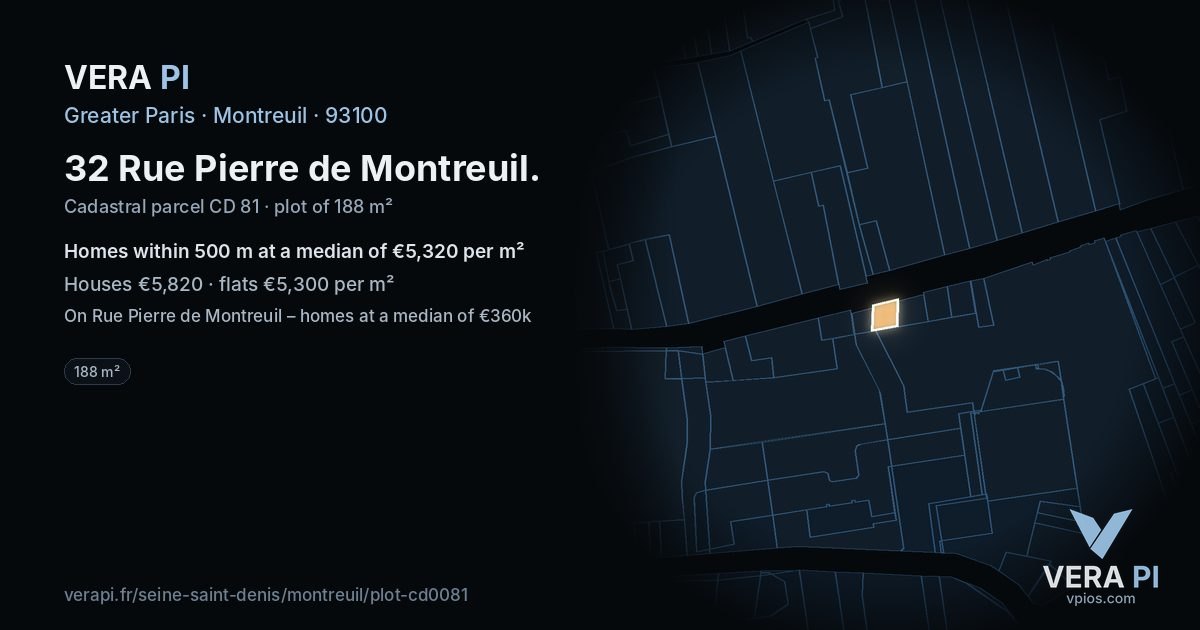 32 Rue Pierre de Montreuil, Montreuil at night – the plot lit, the parcels around coloured by the prices near them