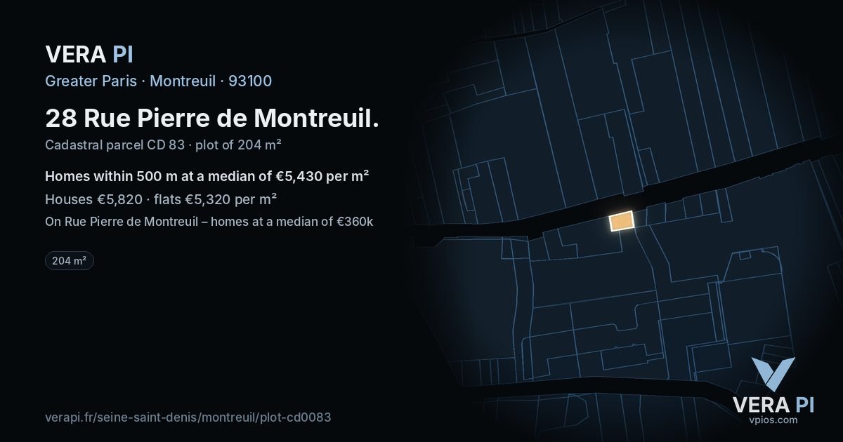 28 Rue Pierre de Montreuil, Montreuil at night – the plot lit, the parcels around coloured by the prices near them
