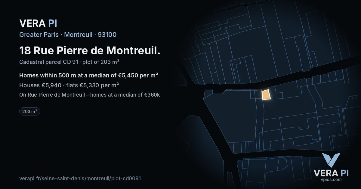 18 Rue Pierre de Montreuil, Montreuil at night – the plot lit, the parcels around coloured by the prices near them