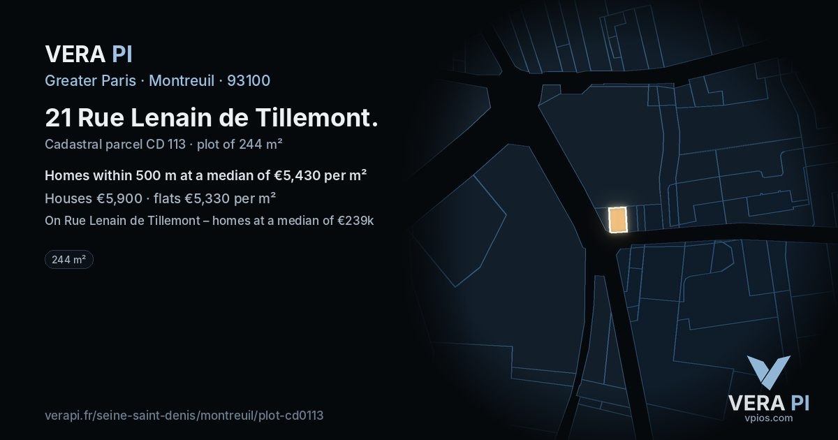 21 Rue Lenain de Tillemont, Montreuil at night – the plot lit, the parcels around coloured by the prices near them