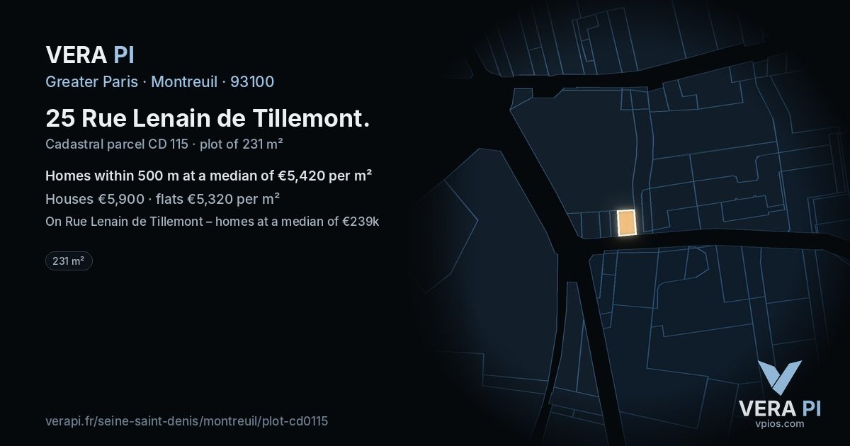 25 Rue Lenain de Tillemont, Montreuil at night – the plot lit, the parcels around coloured by the prices near them