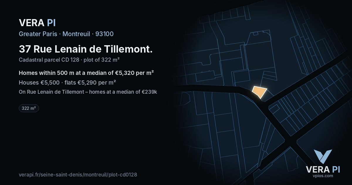 37 Rue Lenain de Tillemont, Montreuil at night – the plot lit, the parcels around coloured by the prices near them