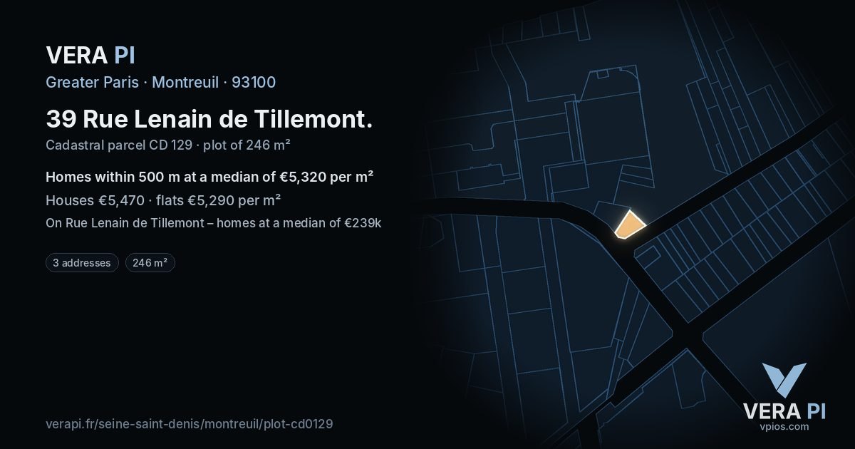 39 Rue Lenain de Tillemont, Montreuil at night – the plot lit, the parcels around coloured by the prices near them