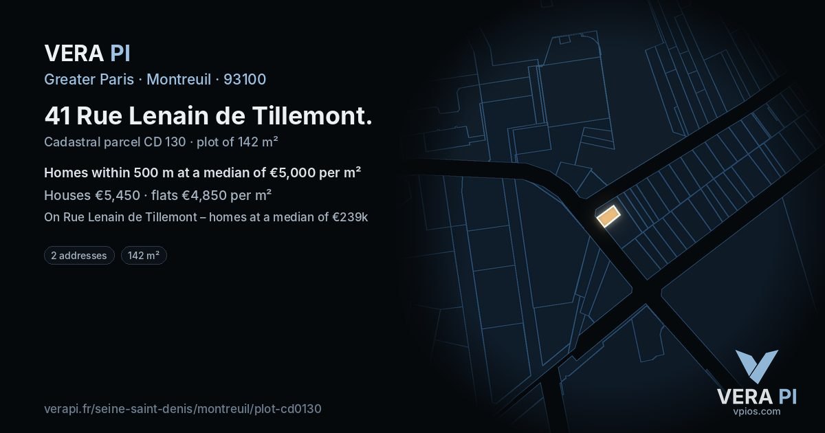 41 Rue Lenain de Tillemont, Montreuil at night – the plot lit, the parcels around coloured by the prices near them