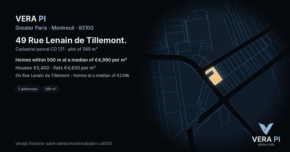 49 Rue Lenain de Tillemont, Montreuil at night – the plot lit, the parcels around coloured by the prices near them