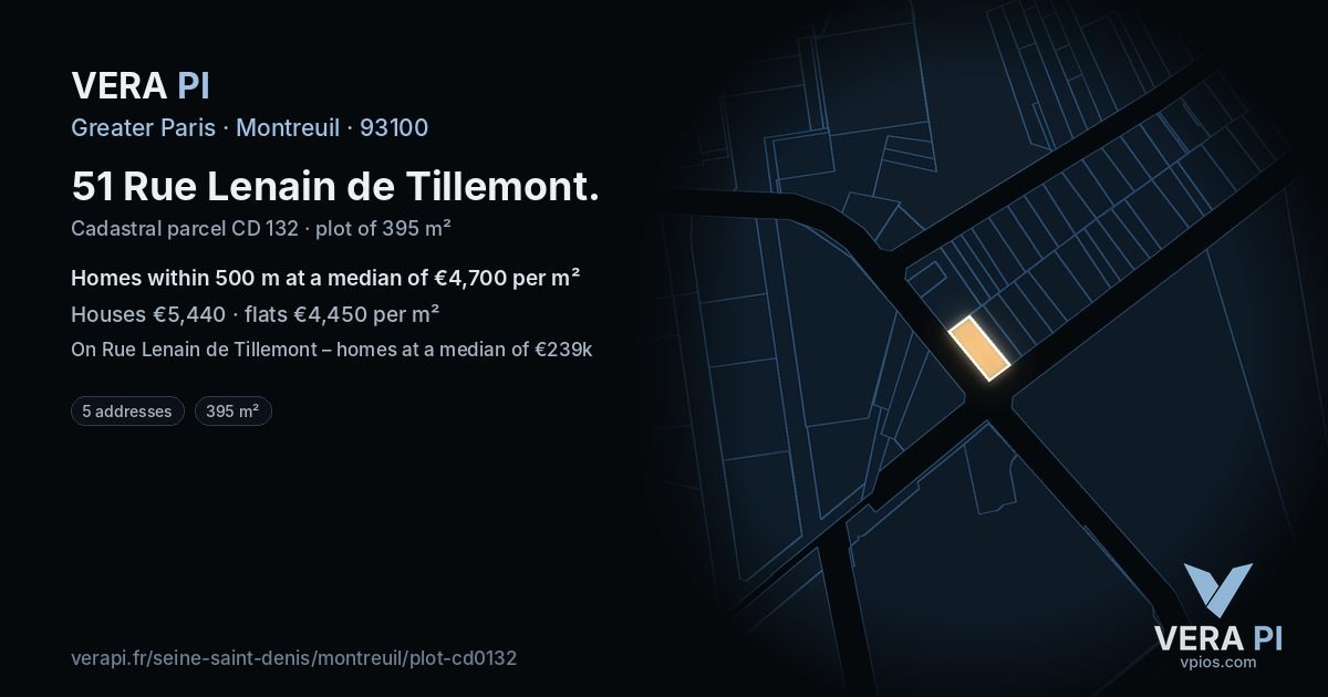 51 Rue Lenain de Tillemont, Montreuil at night – the plot lit, the parcels around coloured by the prices near them