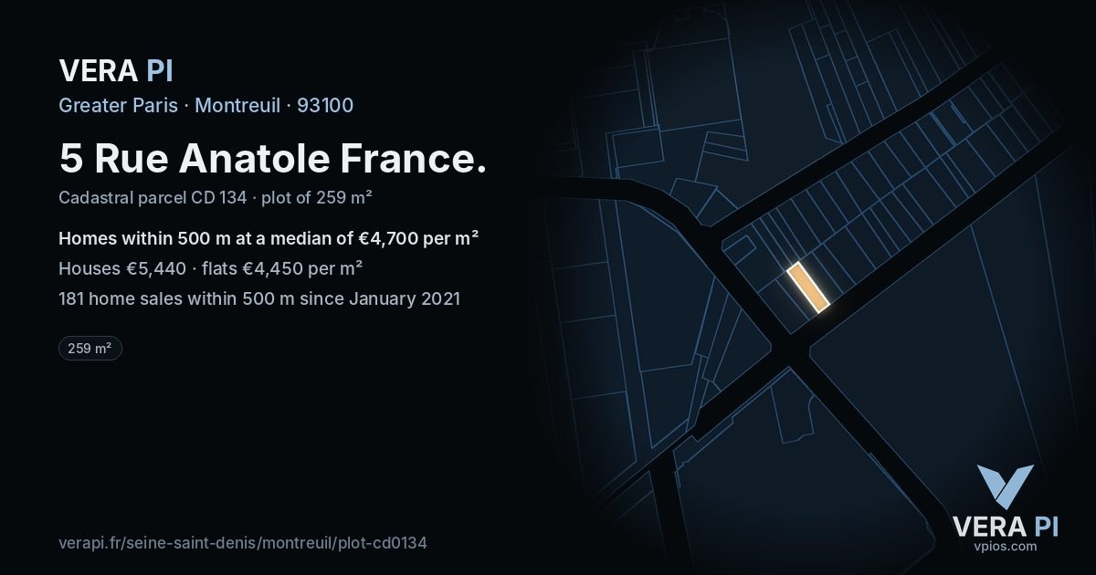 5 Rue Anatole France, Montreuil at night – the plot lit, the parcels around coloured by the prices near them