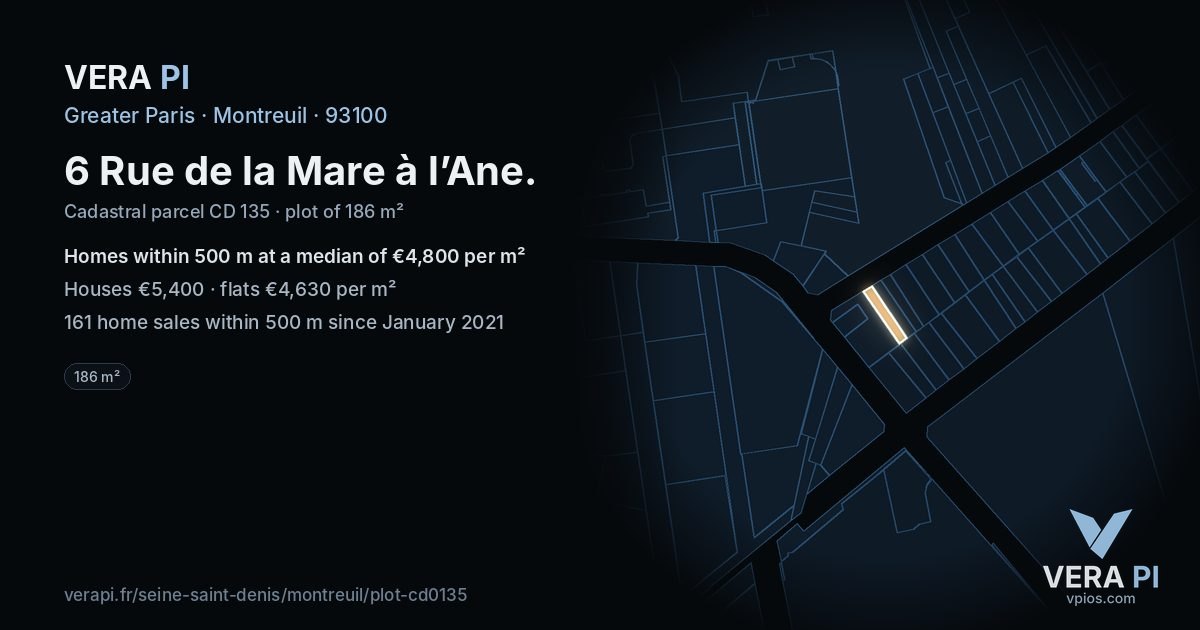 6 Rue de la Mare à l’Ane, Montreuil at night – the plot lit, the parcels around coloured by the prices near them