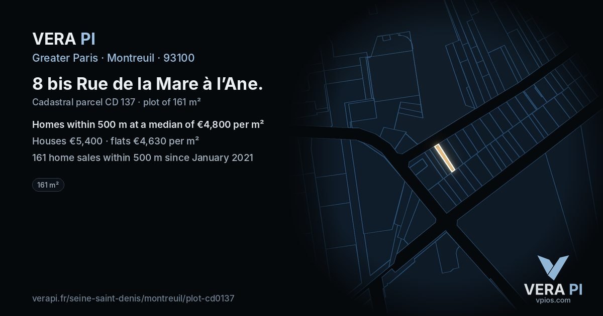 8 bis Rue de la Mare à l’Ane, Montreuil at night – the plot lit, the parcels around coloured by the prices near them