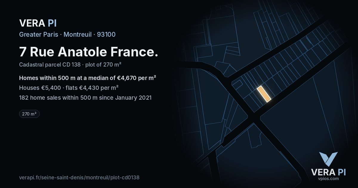 7 Rue Anatole France, Montreuil at night – the plot lit, the parcels around coloured by the prices near them